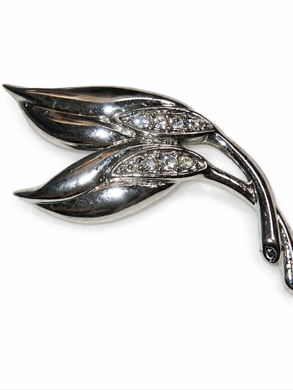 Vintage Danecraft Silver Tone Leaf Rhinestone Brooch
